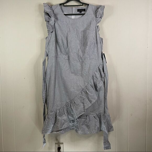 NWT - Eloquii Ruffle Striped Faux Wrap Midi Dress - Picture 1 of 7